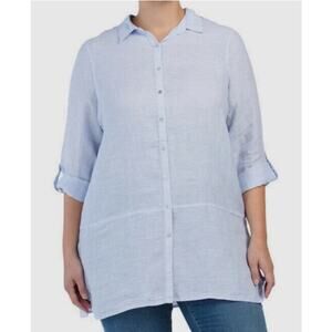 TAHARI Button Down Shirt Size 2X 100% Linen Essentials Light Blue Chambray Plus